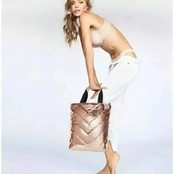 Victoria's Secret Rose Gold Black Metallic Foil Quilted Open Tote Weekend Bag - Picture 2 of 6